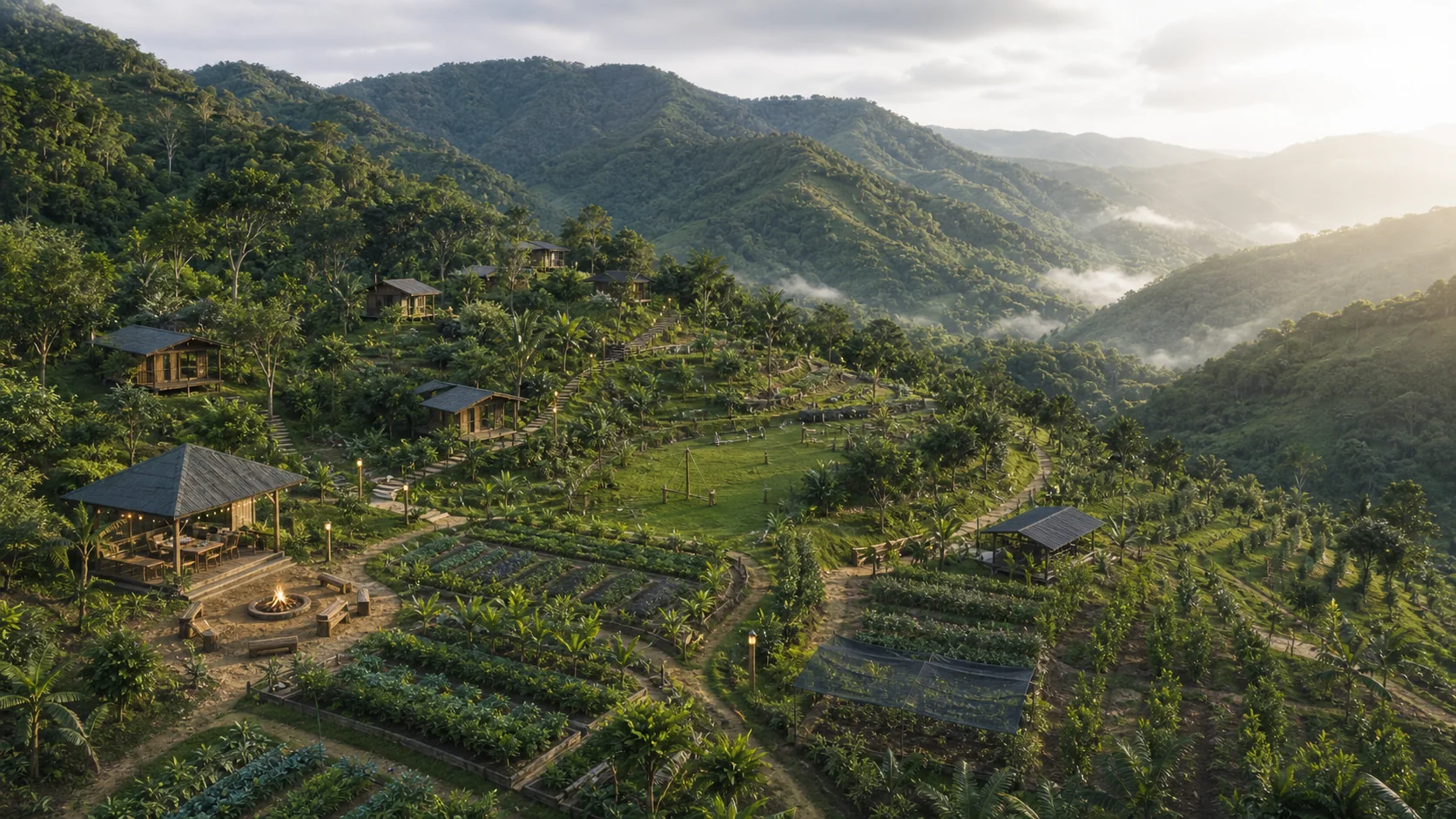 Concept render of farm-to-table gardens, cabins, a trail hub, and activity lawn on a green mountain estate
