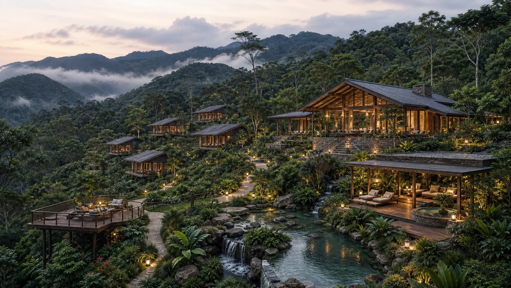 Concept render of a boutique wellness lodge, villas, decks, and a spring-fed water feature in the uplands