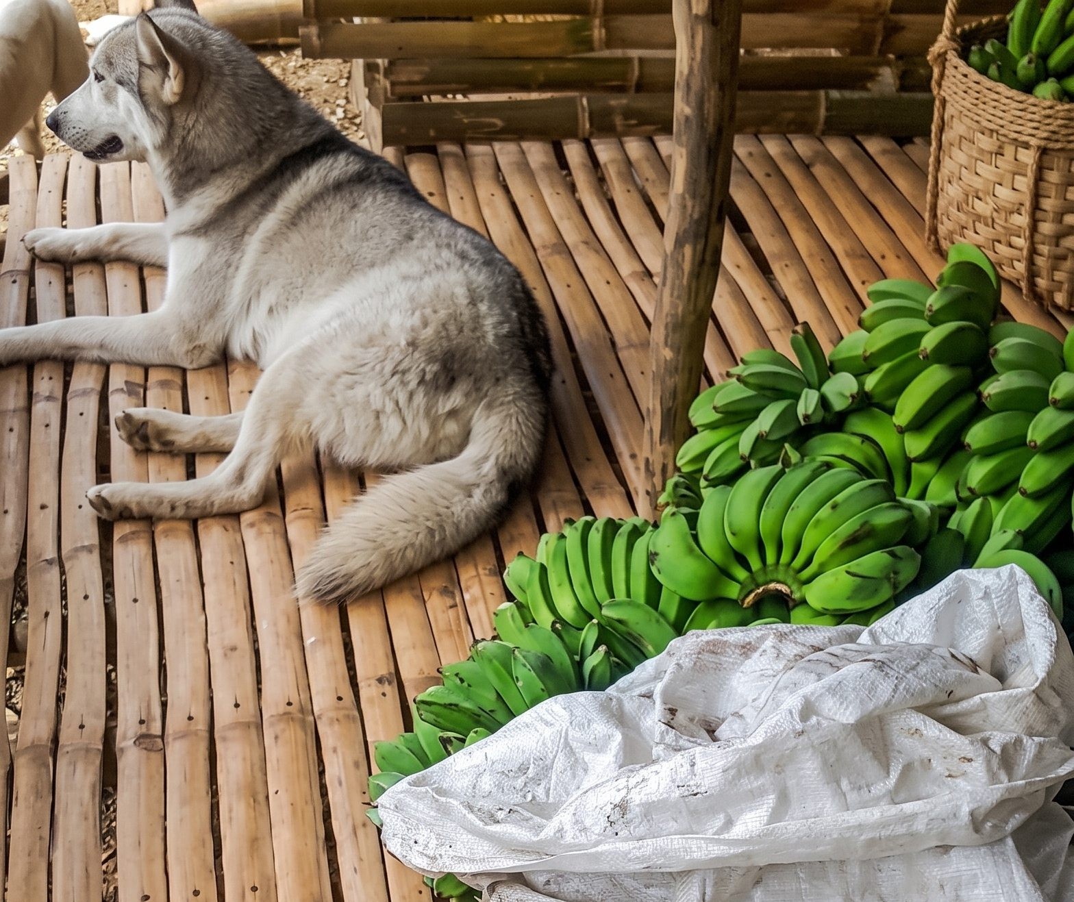 Dog resting beside harvested bananas on a bamboo floor