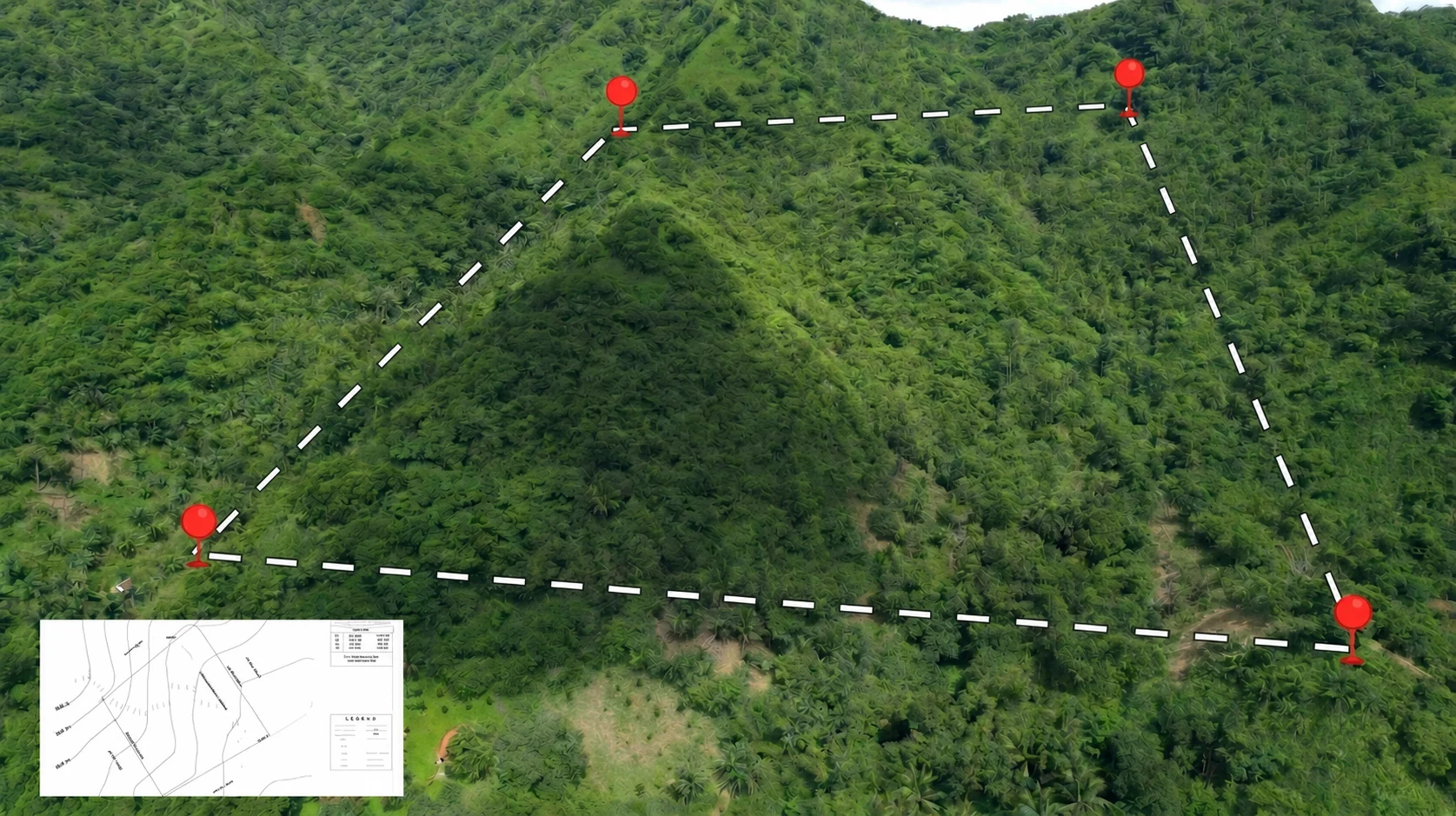 Aerial view of the Laiban property with perimeter lines and corner pins