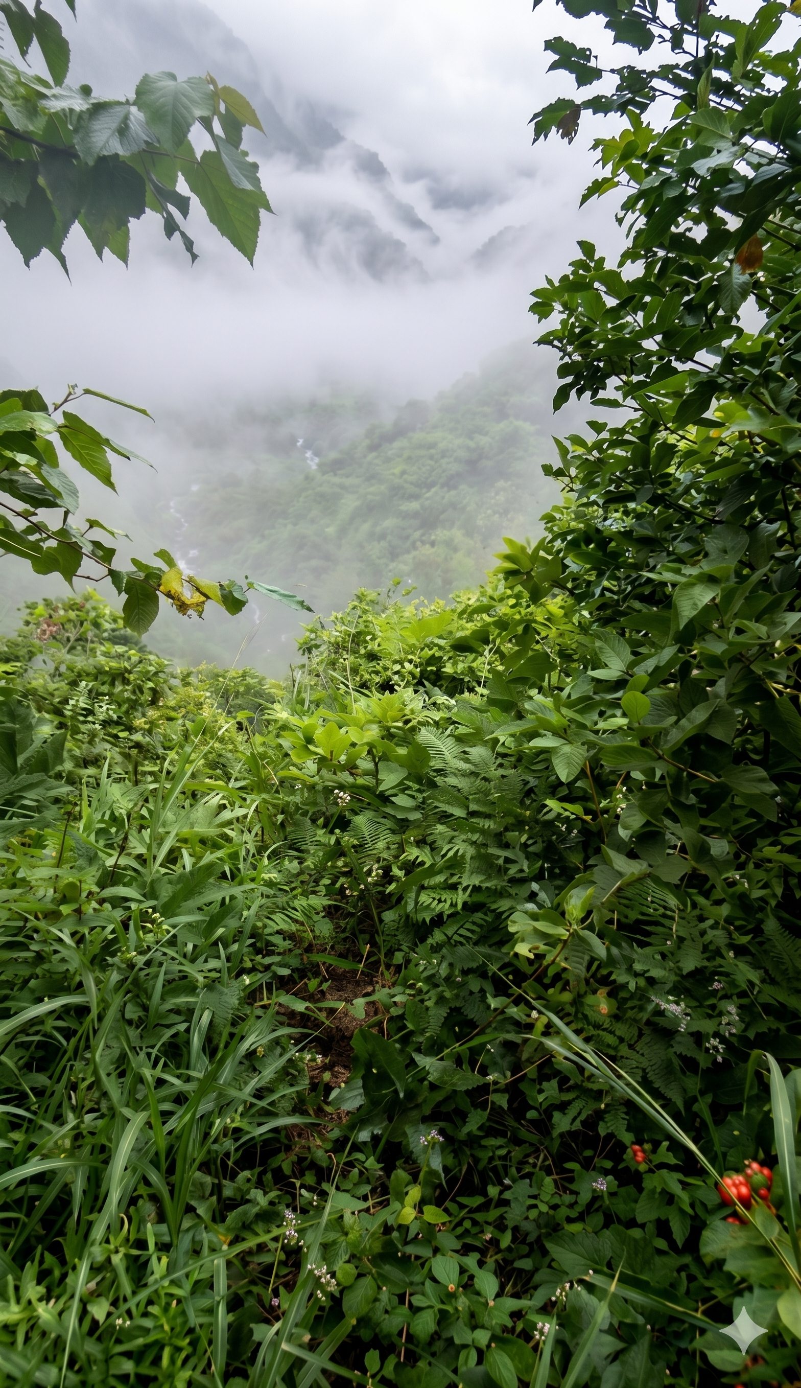 Sea of clouds above green mountain vegetation near Laiban
